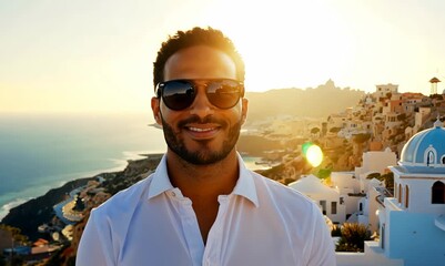 Poster - Portrait of a young african american man in sunglasses and a white shirt on the background of the island of Santorini.