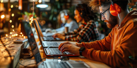 Focused developer concentrating while typing code on laptop in busy office