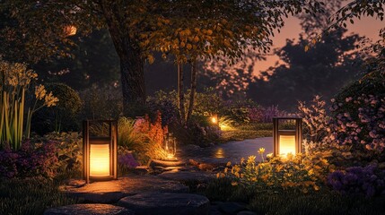 A peaceful evening scene in a garden with ambient lanterns, soft moonlight, and gentle background music, creating a serene outdoor retreat.