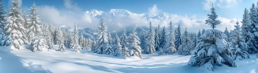 Snowy mountain forest panorama, dense snow-covered trees, serene and peaceful, winter wonderland, untouched nature