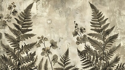 An elegant vintage wallpaper depicting detailed botanical prints of orchids and ferns in sepia tones.