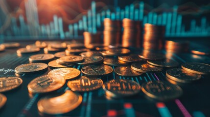 A pile of gold coins sits on a table with a graph in the background