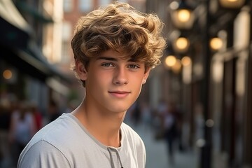 Wall Mural - A young man with blonde hair and a white shirt is smiling for the camera