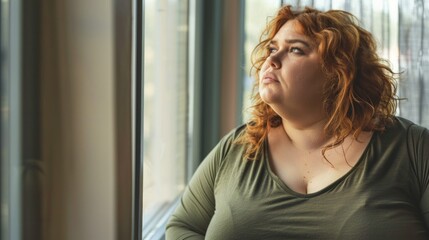 Wall Mural - A woman with red hair and a green shirt is looking out the window