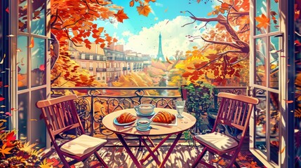 Wall Mural - an autumn-themed French breakfast scene with croissants and coffee