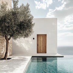 A white building with a brown door and a tree in front of it. The tree is casting a shadow on the ground