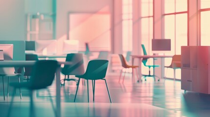 Wall Mural - Modern office interior with empty chairs. A stylish modern office workspace with empty chairs and desks, bathed in soft lighting from the windows.