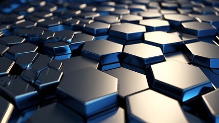 Futuristic hexagonal pattern with a 3D, honeycomb-like structure. Use metallic colours like silver, chrome, and cobalt blue, with subtle glowing edge