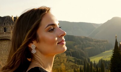 Wall Mural - Beautiful young woman on the background of a castle in Austria.