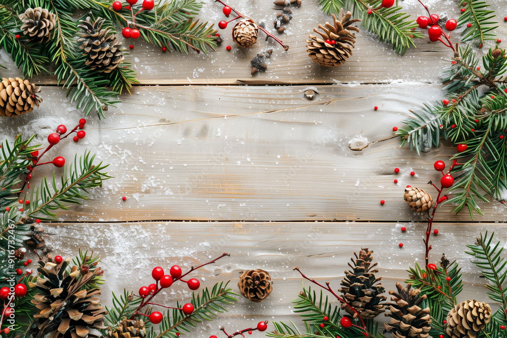 Christmas background with fir branches, pine cones and winter berries ...