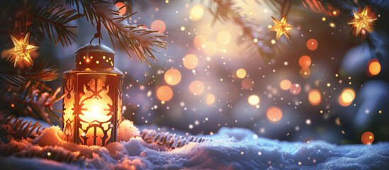 Wall Mural - christmas lantern on snow outdoors at eve night with decorations and ornaments