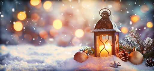 Wall Mural - christmas lantern on snow outdoors at eve night with decorations and ornaments