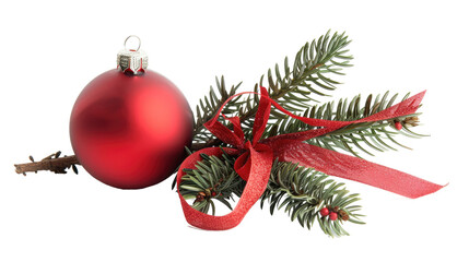 Wall Mural - red christmas balls decoration with evergreen fir branches isolated on white or transparent png