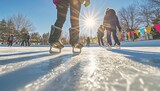 family ice skating on an outdoor rink in winter, with colorful decorations and people enjoying the sport around them. The sun is shining brightly overhead, casting long shadows over their movements.