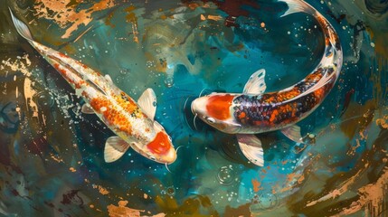 Two koi fish swimming gracefully in a shimmering pond