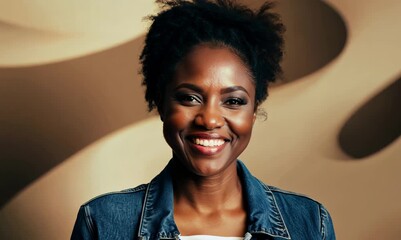 Poster - Portrait video of a satisfied Nigerian black woman in her 40s wearing a denim jacket against an abstract background 