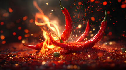 Canvas Print - A flaming red chili pepper on a dark surface, surrounded by scattered spices