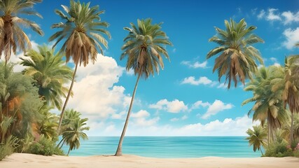 Wall Mural - View of the blue sky and palm trees below, tropical beach and summer background in a vintage style, vacation idea