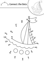 Wall Mural - Vector mermaid dot-to-dot and color activity with cute ship. Ocean kingdom connect the dots game with water transport. Marine coloring page for kids. Underwater printable worksheet