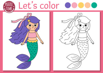 Wall Mural - Mermaid coloring page for children with cute sea princess. Vector ocean kingdom outline illustration. Color book for kids with colored example. Underwater drawing skills printable worksheet