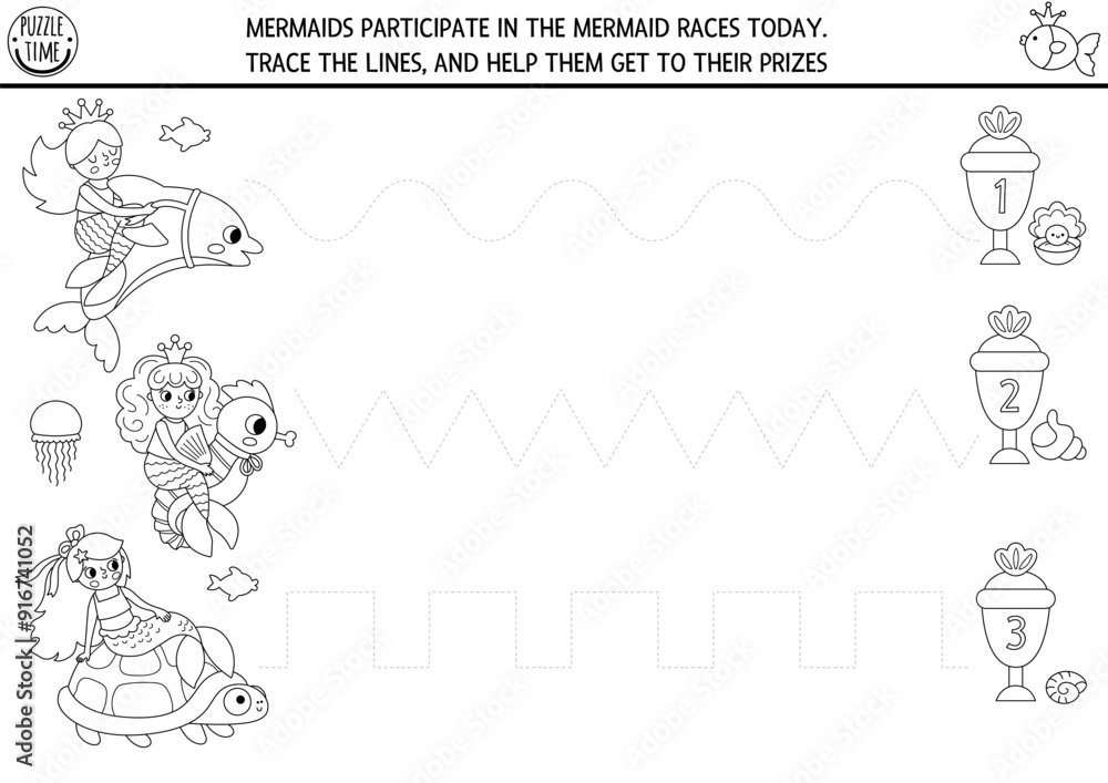 Vector mermaid handwriting practice worksheet. Ocean kingdom printable