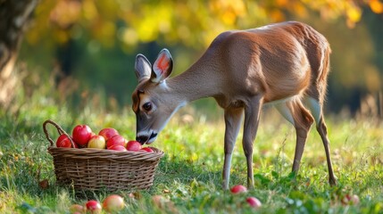 Poster - A Curious Deer Sniffing Apples in the Autumn Forest