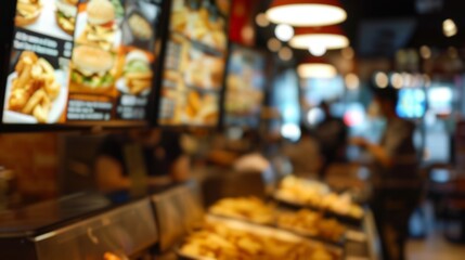 Blurred fast food restaurant interior. Abstract blur of a busy fast food restaurant, showcasing the counter with food trays and menu boards advertising burgers and fries.