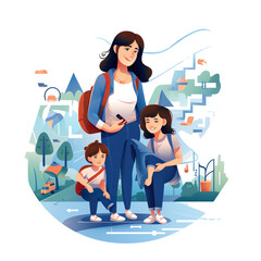 Wall Mural - A woman is holding a cell phone and standing next to two children