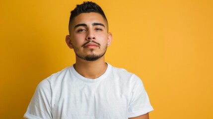 Hispanic guy in basic white tshirt in front of yellow background