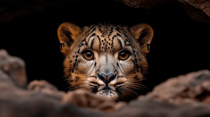close-up of an adult snow leopard watching from a rocky ledge