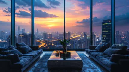 Modern luxury living room interior with panoramic city view at sunset