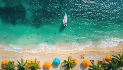 Wall Mural - Aerial View of a Tropical Beach with Sailboat