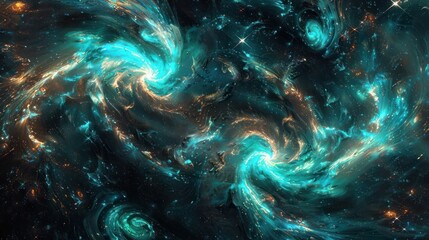 Wall Mural - An intricate 3D abstract design featuring swirling turquoise and cobalt blue nebulae with radiant stars scattered throughout a rich, dark space