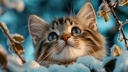 Wall Mural - Cute Kitten And Snowy Forest Background, Christmas Theme