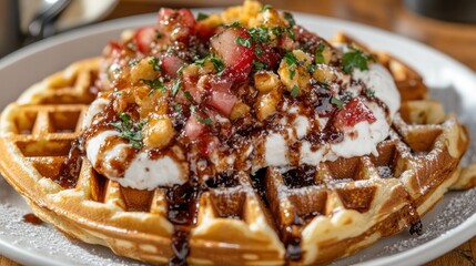 Wall Mural - Waffle with Whipped Cream, Strawberries, and Chocolate Drizzle