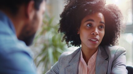 In the workplace, men and black women talk. African worker, manager, or employee with brainstorming, planning, and b2b deal ideas