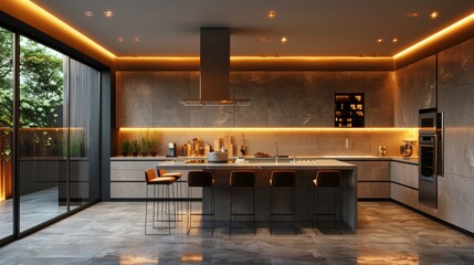 Wall Mural - Modern kitchen interior featuring sleek design and warm lighting during daytime