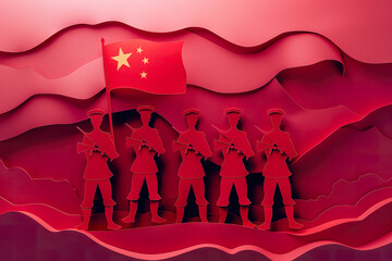 Soldiers in modern uniform proudly display the Chinese flag in a stylized colorful environment.