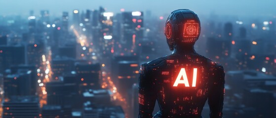 Canvas Print - AI Robot overlooking Cityscape at Night.