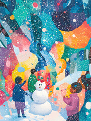 Wall Mural - Winter holidays. Children making Christmas snowman colorful painting design for greeting card.