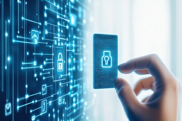 Poster - A person holds a digital card with a lock icon, representing cybersecurity and data protection in a futuristic digital interface.