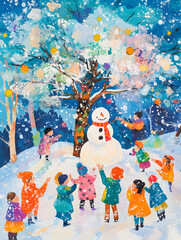 Wall Mural - Winter holidays. Children making Christmas snowman colorful painting design for greeting card.