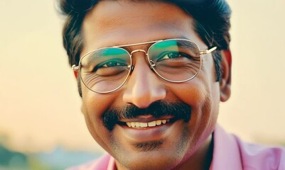 Poster - Portrait of a smiling Indian man in eyeglasses and pink shirt