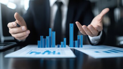 Poster - Businessman analyzing data and presenting a growth chart with blue bars, concept of financial success and market trends.