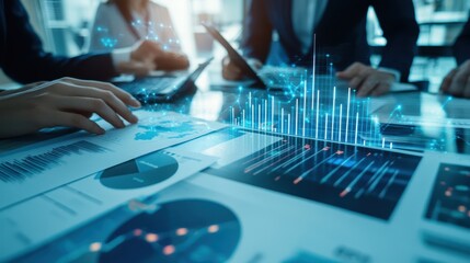Poster - Business team analyzing sales data with graphs. Concept of teamwork, data analysis, and corporate strategy in a modern office setting.