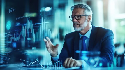 Poster - Businessman analyzing data on a virtual screen in a modern office setting, focusing on financial charts and futuristic interfaces.