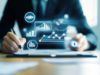 Poster - Businessman analyzing data on a digital interface, reviewing charts and graphs, focusing on financial and growth metrics for strategy planning.