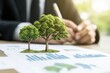 © PrusarooYakk - Businessman analyzing green growth charts and reports with miniature trees symbolizing sustainability and environmental development.