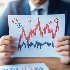 Poster - Businessman analyzing financial graph with fluctuating line chart in hands, representing stock market trends and economic data.