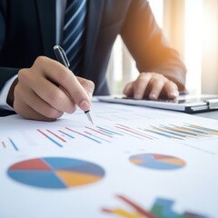 Aufkleber - Businessman analyzing financial reports and charts with pen and calculator, highlighting growth and performance metrics in a modern office.